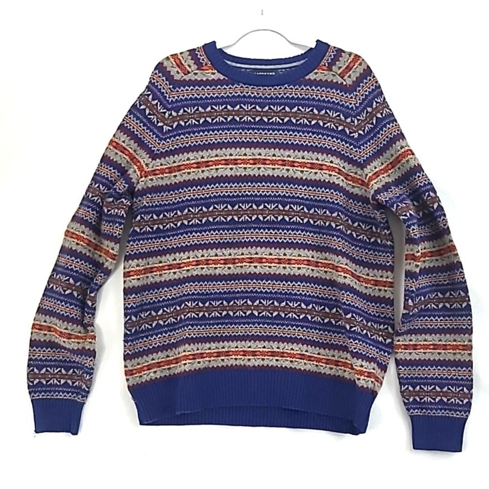 Vintage Mens Fair Isle Sweater Lands End Merino Wool Blend Sz L Colorful Striped